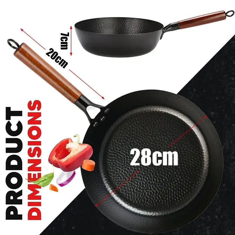 28cm Woks Stir Fry Pans Kitchen Cooking Pot Hammer Cast Iron Non Stick Frying Pan Steak Pancake Cooker Pans With Wooden handle