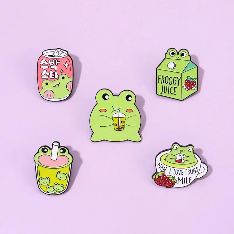 5 Style Frog Enamel Pins MAN,I LOVE FROGS MILF And Juice Frog Drinking Strawberry Cup Brooch Badges Lapel Backpack Jewelry Gifts