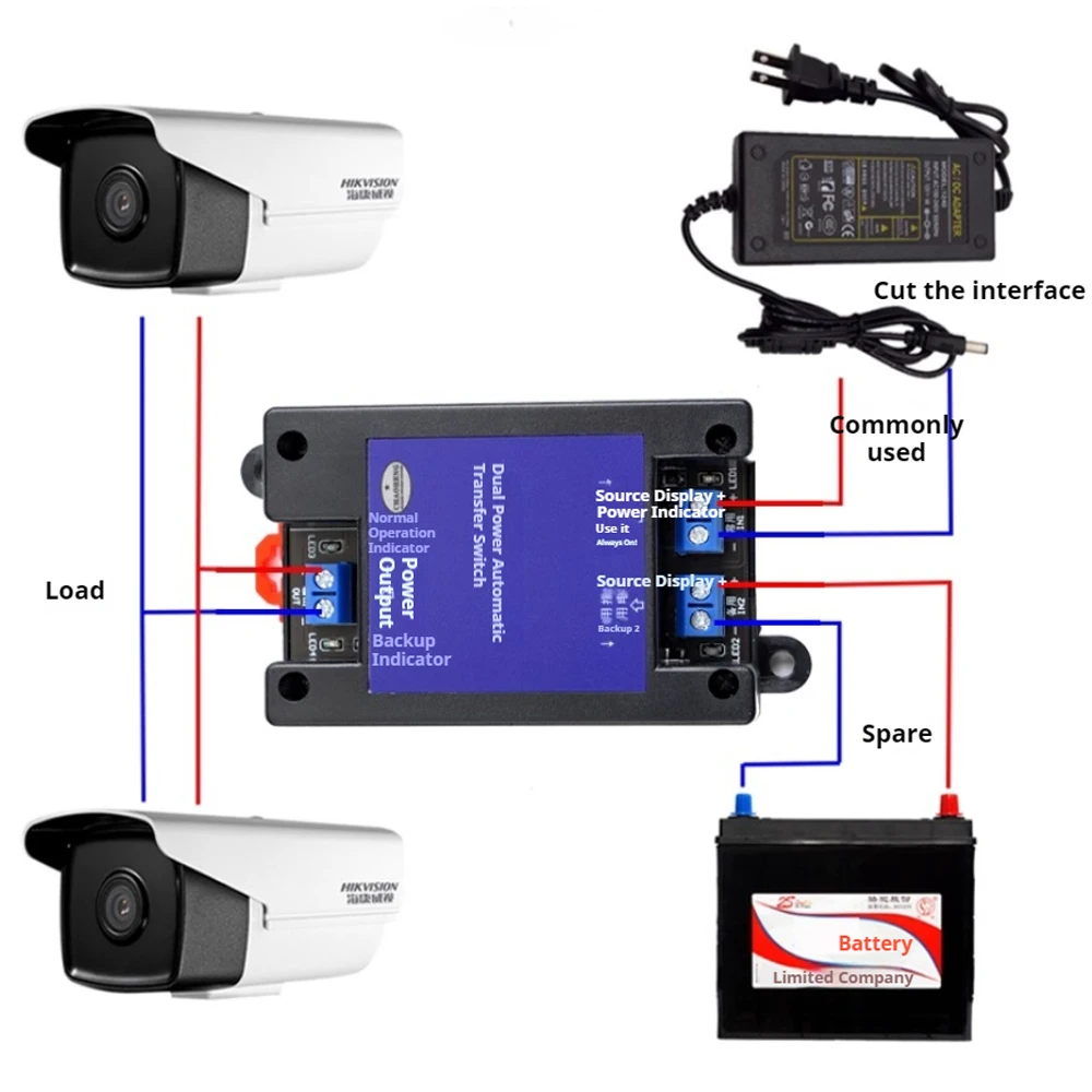 Módulo de interruptor UPS de alimentação dupla 12V/24V/60V Transferência ininterrupta automática com luz indicadora
