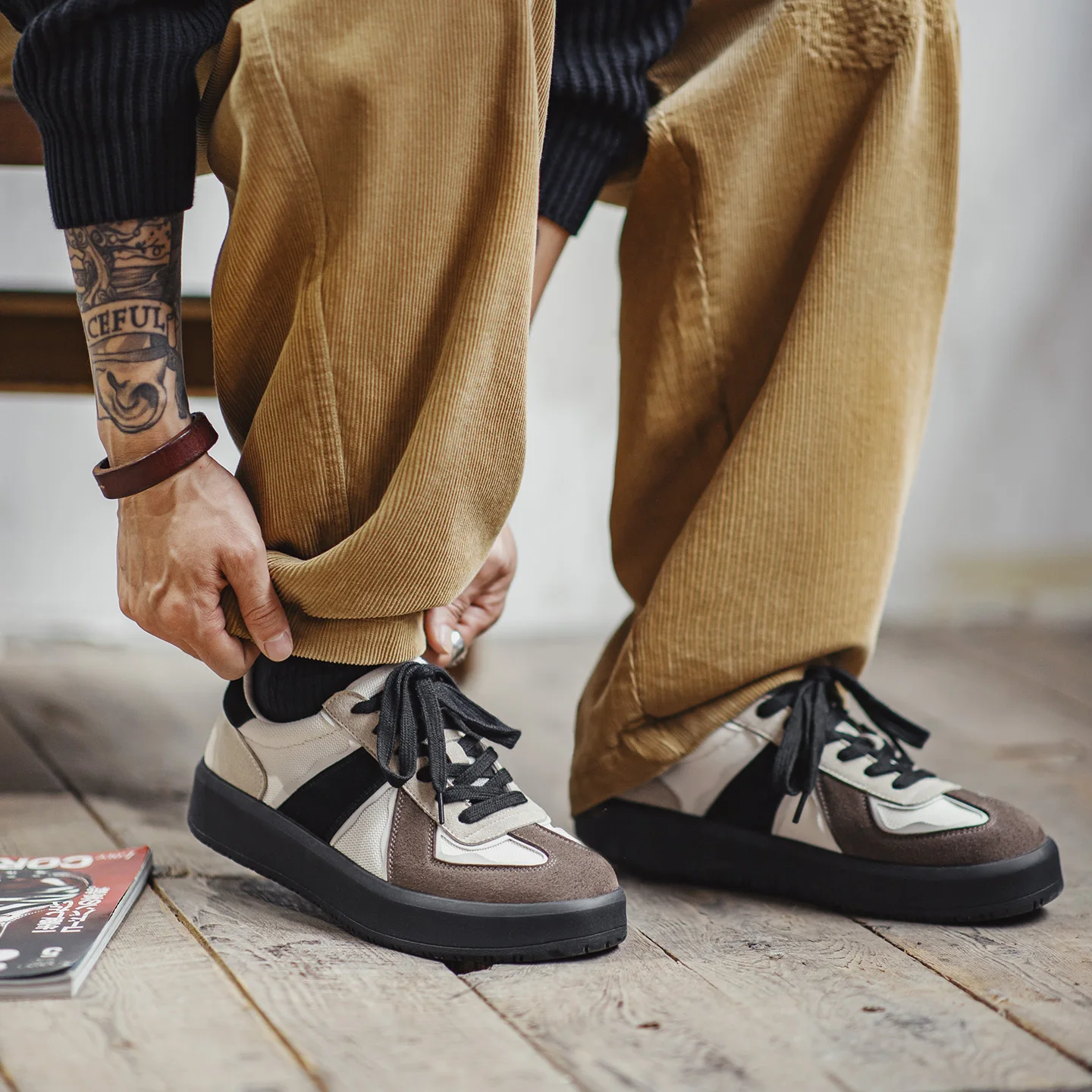 

Maden German Army Trainers Shoes Men's Retro Chunky Sole Sneakers Lace Up Low Top Casual Sporty Board Shoes for Autumn Winter