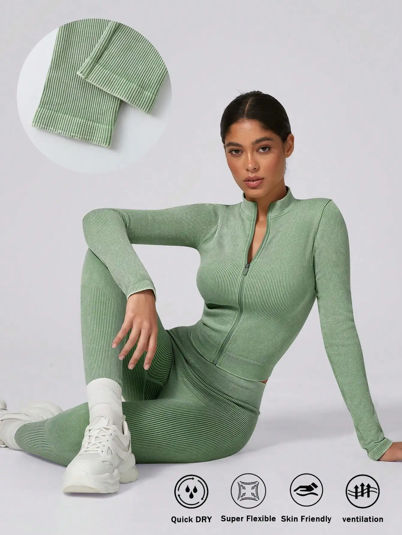 

Женский спортивный костюм с ребристой текстурой, длинными рукавами на молнии и леггинсами с высокой талией, быстросохнущий и эластичный, для йоги и фитнеса