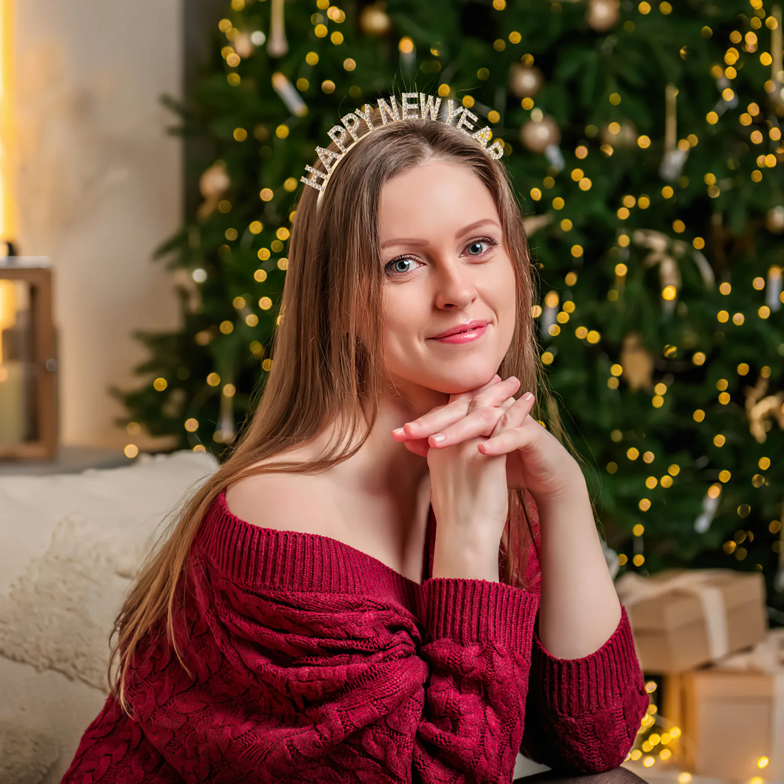 

2PCS Happy New Year Headb Letter Rhinestone Spring Festival Hairb Red Christmas Decor Women Accessory Lightweight Durable Non