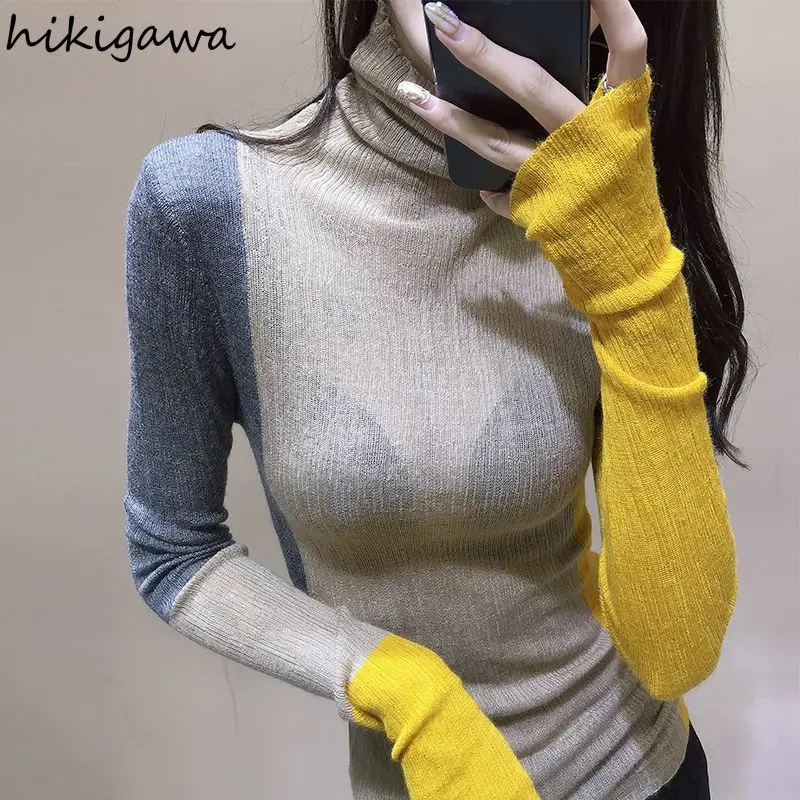 Contrast Color T Shirts Women Turtleneck Long Sleeve Tunic Tees Fashion Korean Camisetas 2024 Ropa Mujer Casual Knit Thin Tshirt