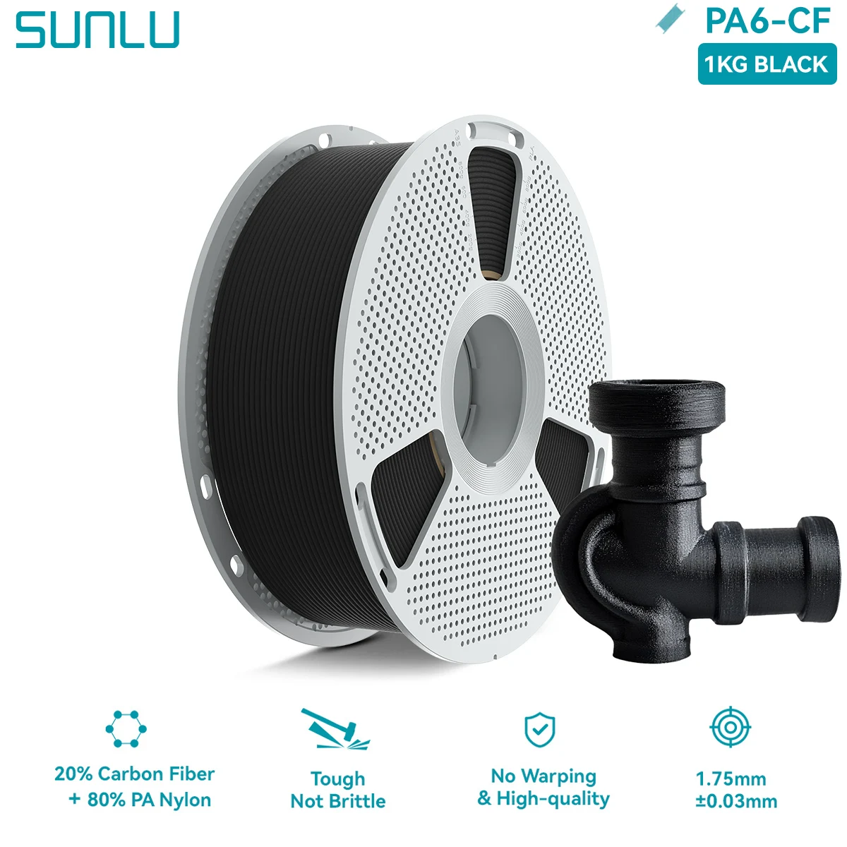 

SUNLU PA6-CF 3D-нить 20% углеродное волокно, высокая прочность и прочность, матовый нейлон, 1,75 мм, инженерная нить для 3D-печати, 1 кг