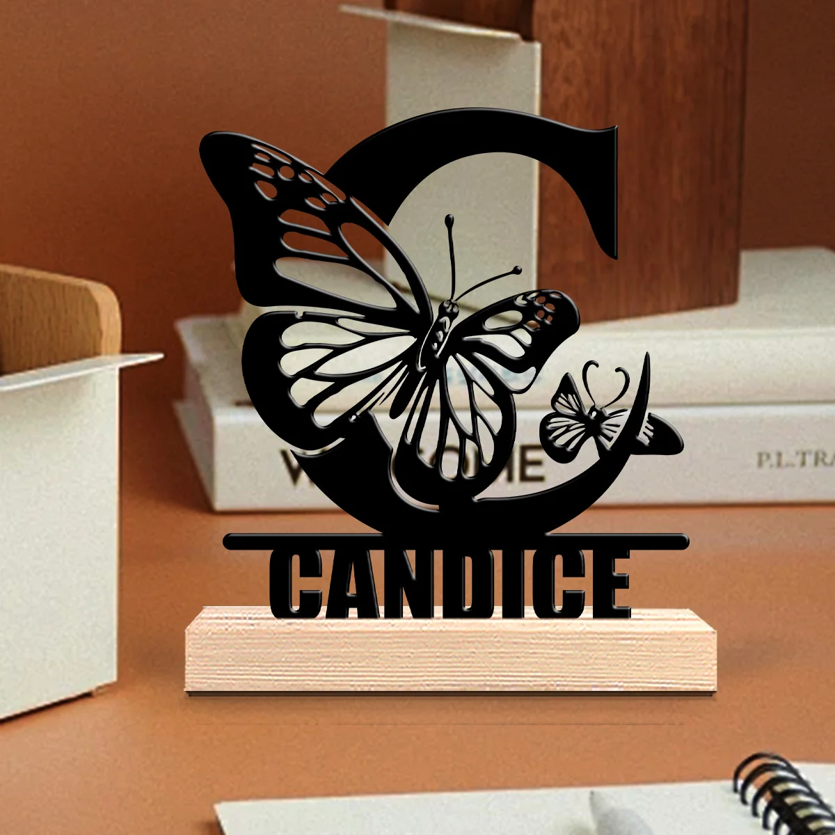 1pc Personalized Metal Artwork Customizable Name Equipped with Wooden Base Home and Office Decorations,Christmas Gifts