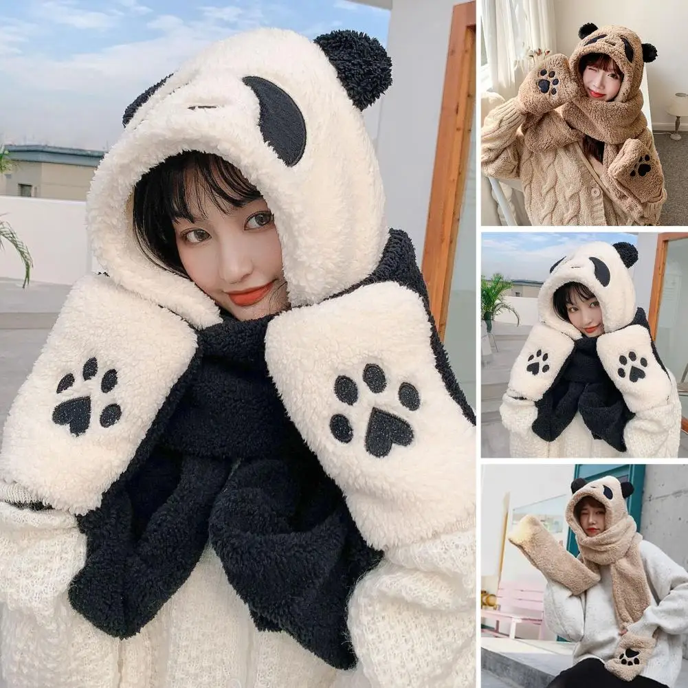 Plush Hat Cute Panda Shape Bear Claw Decor 3 in 1 Keep Warm Thickened Windproof Winter Women Scarf Gloves Cap for Outdoor