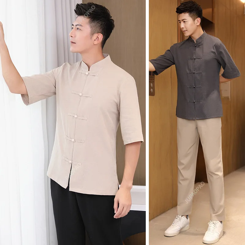 Ensemble de vêtements traditionnels chinois pour hommes, chemise en lin d'automne, struckung fu, haut rétro financier, pantalon, chapelle tai, uniformes respirants, hanfu