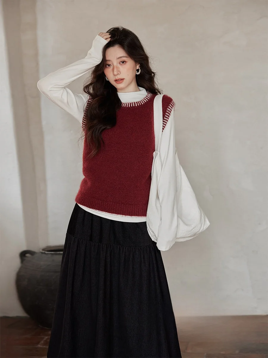 

Зимний вязаный укороченный свитер-жилет женский, красный, в корейском стиле, винтажный, модный, из полиэстера, с круглым вырезом