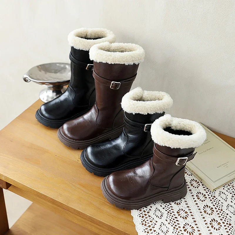 Mumoresip Kids Mid-calf Boots Winter Furry Hairy Girls Warm Boots for Outdoor Soft Thick Bottom Fashion Children's Plush Boots