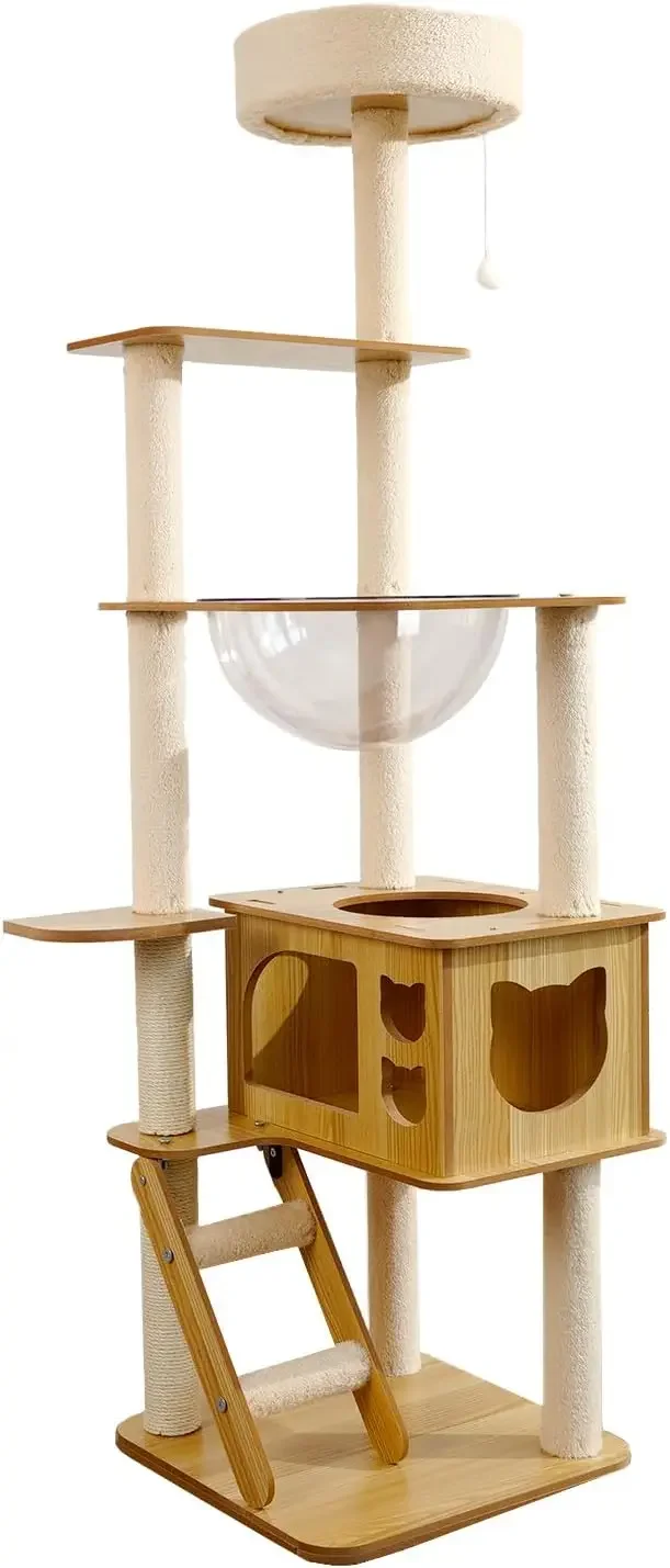 

Modern Cat Tree With Acrylic Dome, 57.4" Wooden Cat Tree No Carpet, Multi-Level Wood Tower With Large Condo|