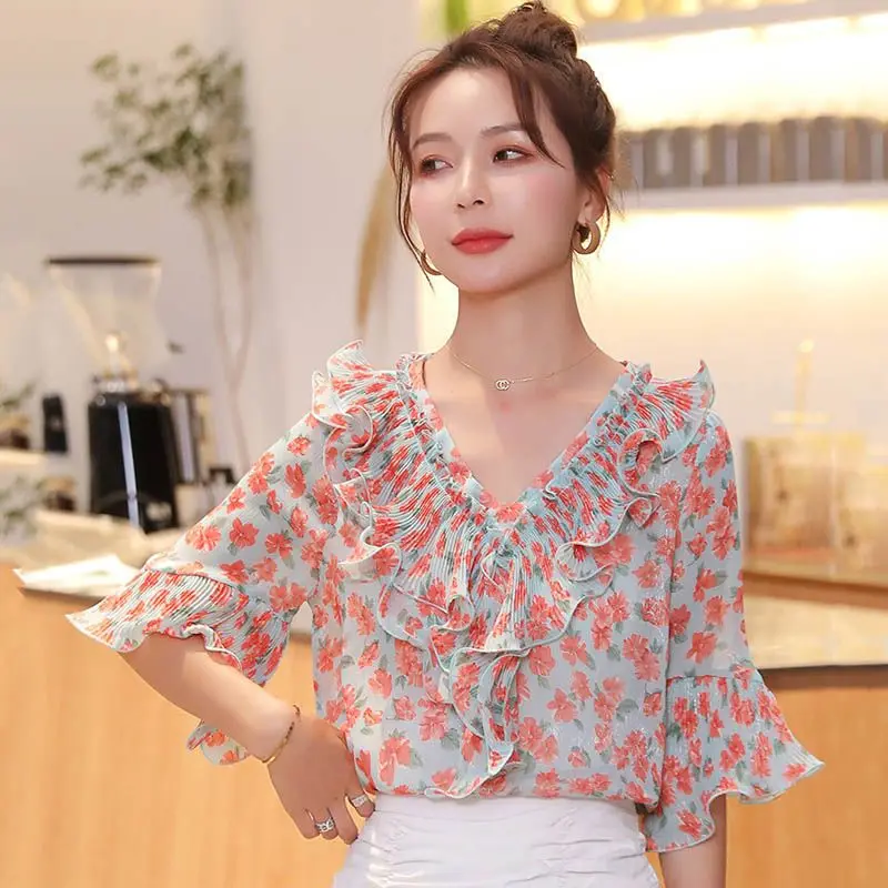 Women Summer Korean Fashion Slim Printing V-neck Short Sleeve Chiffon Shirts Ladies Office Lady All-match Appear Thin Trend Tops