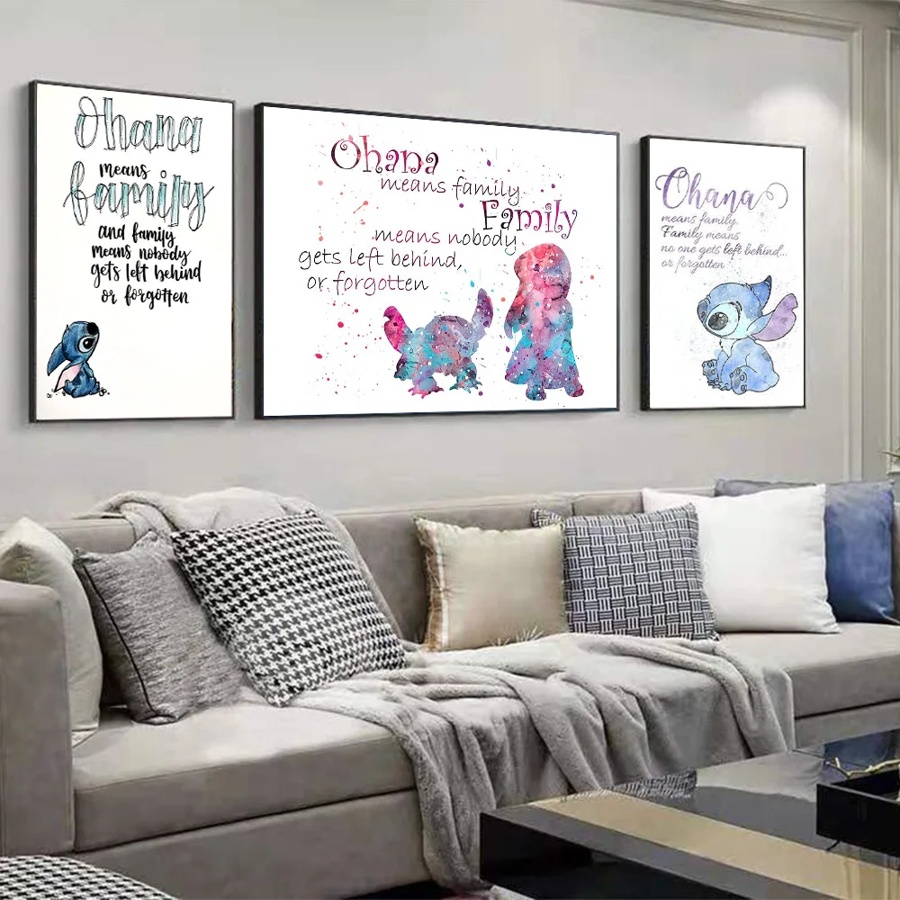 Ohana Quote Stitch Watercolor Canvas Painting Family Wall Art Pop Abstract Posters Prints Pictures Living Room Home Decor Mural