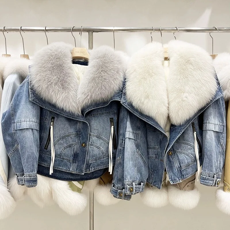 2024 Winter Women\'s Denim White Duck Down Coats With Natural Real Fox Fur Collar Outwear Luxury Female Jacket