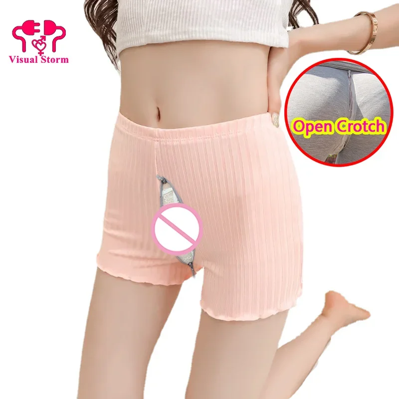 Woman Super Sexy Open Crotch Leggings with Double Hidden Zipper Crotchless Mini Safe Underwear Couple Outdoor Sex Costume Briefs