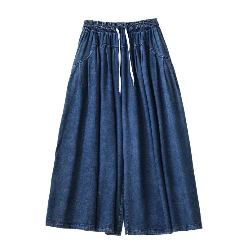 SuperAen Vintage Wash Jeans Skirt Pants Spring and Autumn New Casual Drape Elastic Waist Loose Lace-up Oversize Wide-leg Pants