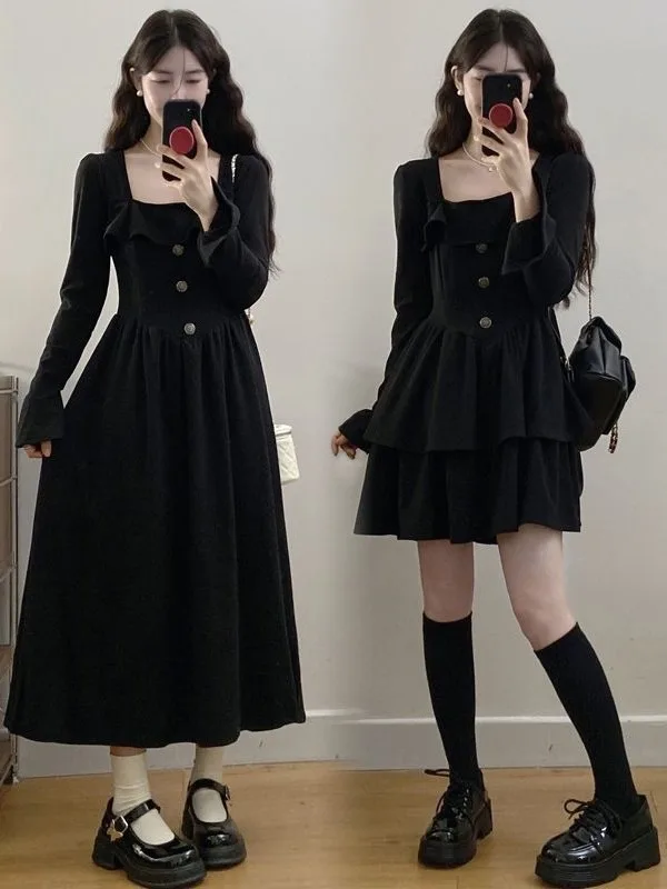 

plus Size Bla Square Collar Long Sve A-Line Dr Women's Autumn New Waist-Cinching Midi Dr Commute Sle Thiened F...