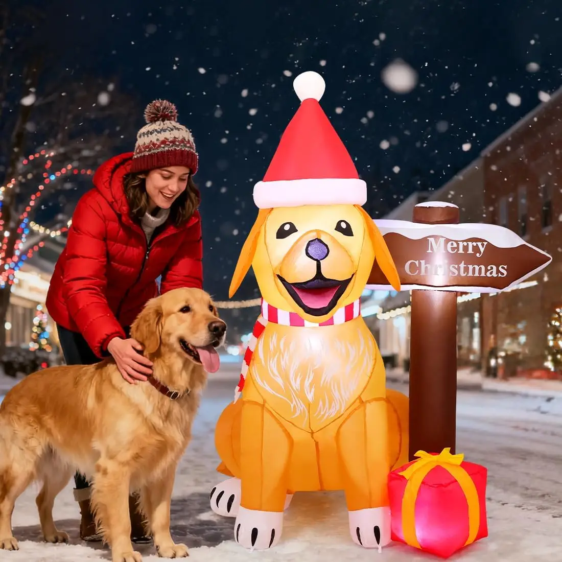5 FT Christmas Inflatables Golden Retriever Outdoor Decorations Blow Up Yard Christmas Hat Dog and a Street Sign with Built-in L