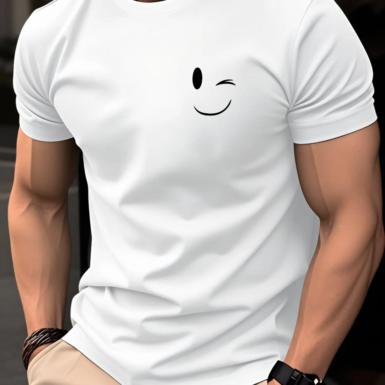 Men Black O-Neck T-Shirt Minimalist Wink Smiley Print, Casual Short Sleeve Cotton Tee, Fun Streetwear Slim Fit Tops For Men