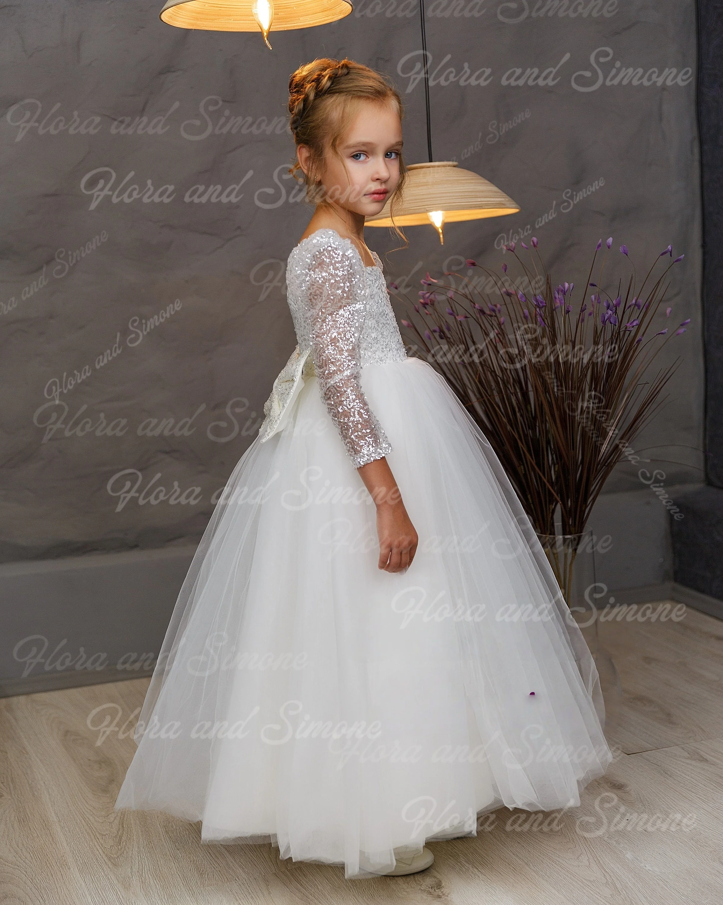 Robe de princesse élégante et brillante, manches longues, avec nœud, à fleurs, pour cérémonie de mariage, cadeau d'anniversaire, célébration de noël