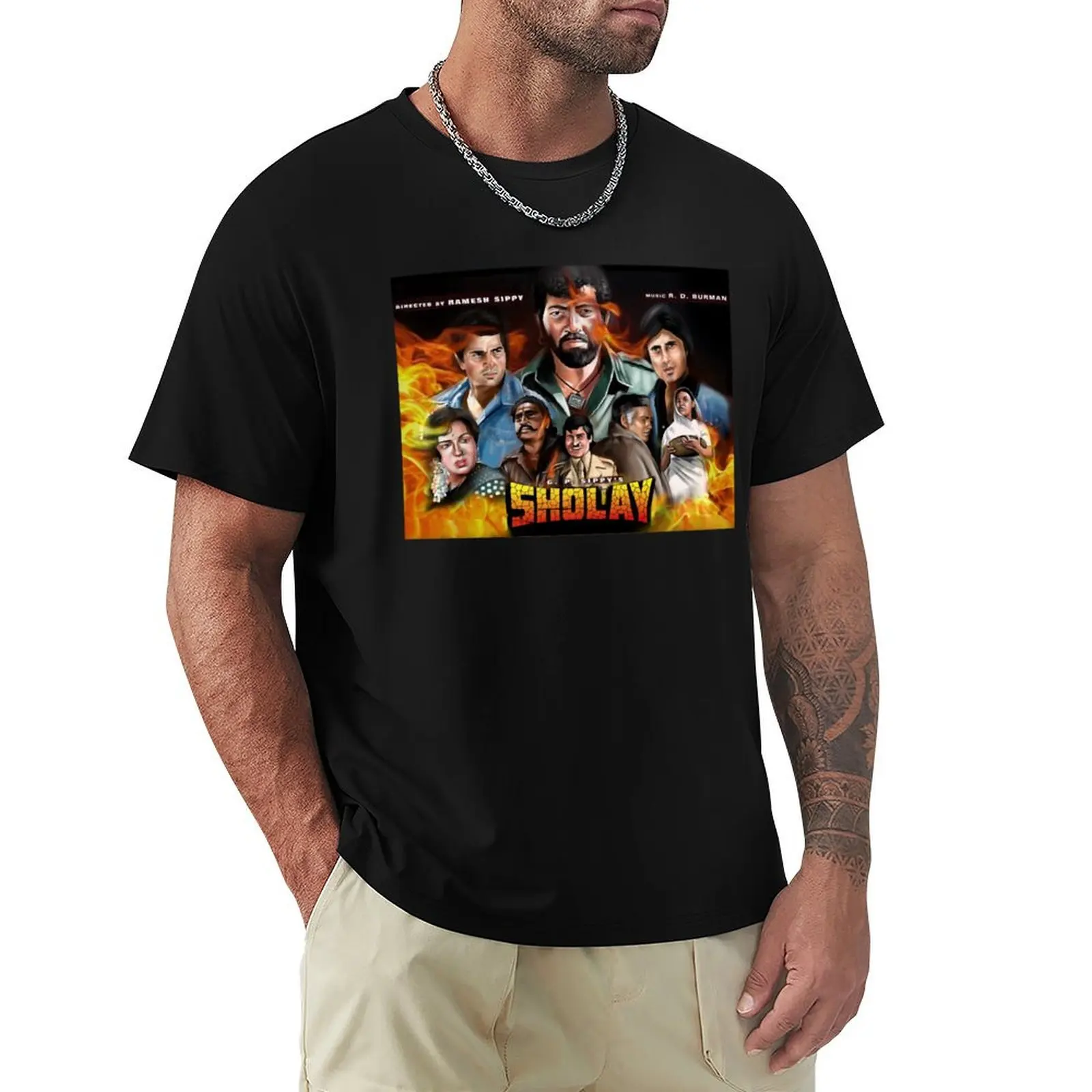 Funny Man Sholay Movie Poster Digital Painting T-Shirt Basic Short Sleeve Cotton Blend T-Shirt