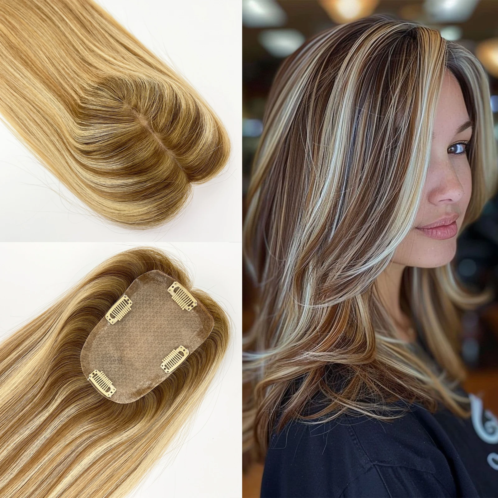 9x14cm 16inch Highlight Blonde Human Hair Cloure Silk Base Topper with Clips in Virgin European Human Hair Toupee