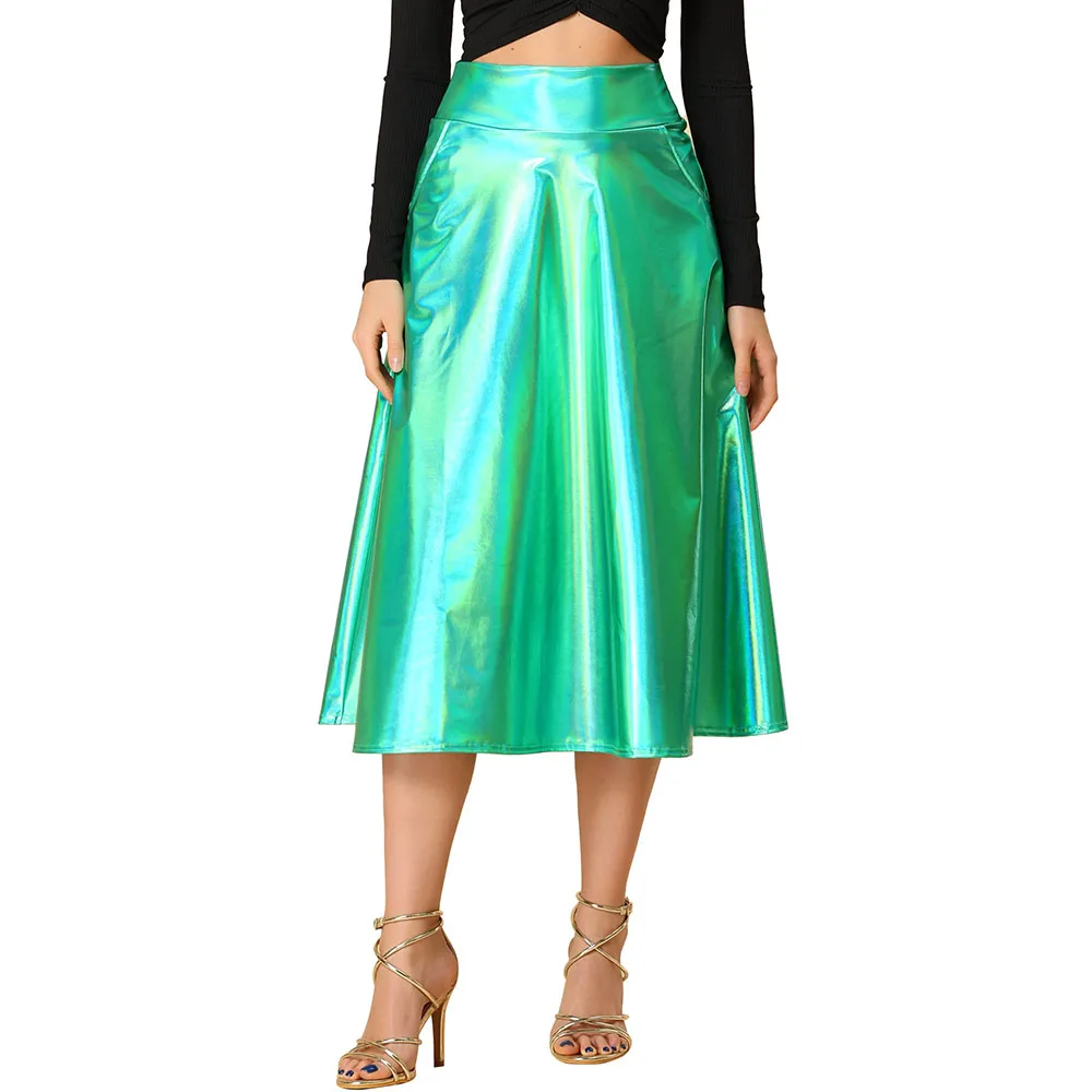 Women's Hologram Laser Midi Skirts,High Waist Flare Skirt,Cocktail Party,Pole Dancewear, Shiny Ruffle Skirts, Office Lady,Casual