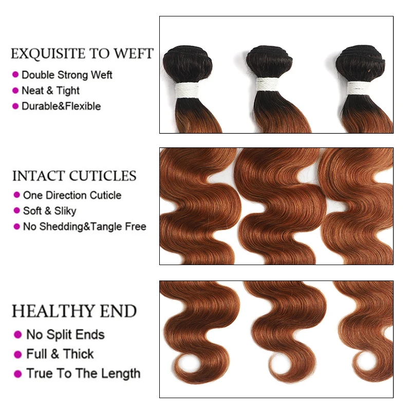 Brazilian Body Wave Bundles With Closure T1B/30 27 Ombre Brown Blonde Human Hair Weave Bundles With Closure Remy Hair SOKU