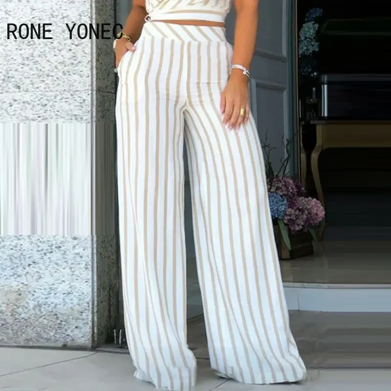 Women Fashion Striped Wrap Turn Down Collar Crop Top Straight Working Pants Sets