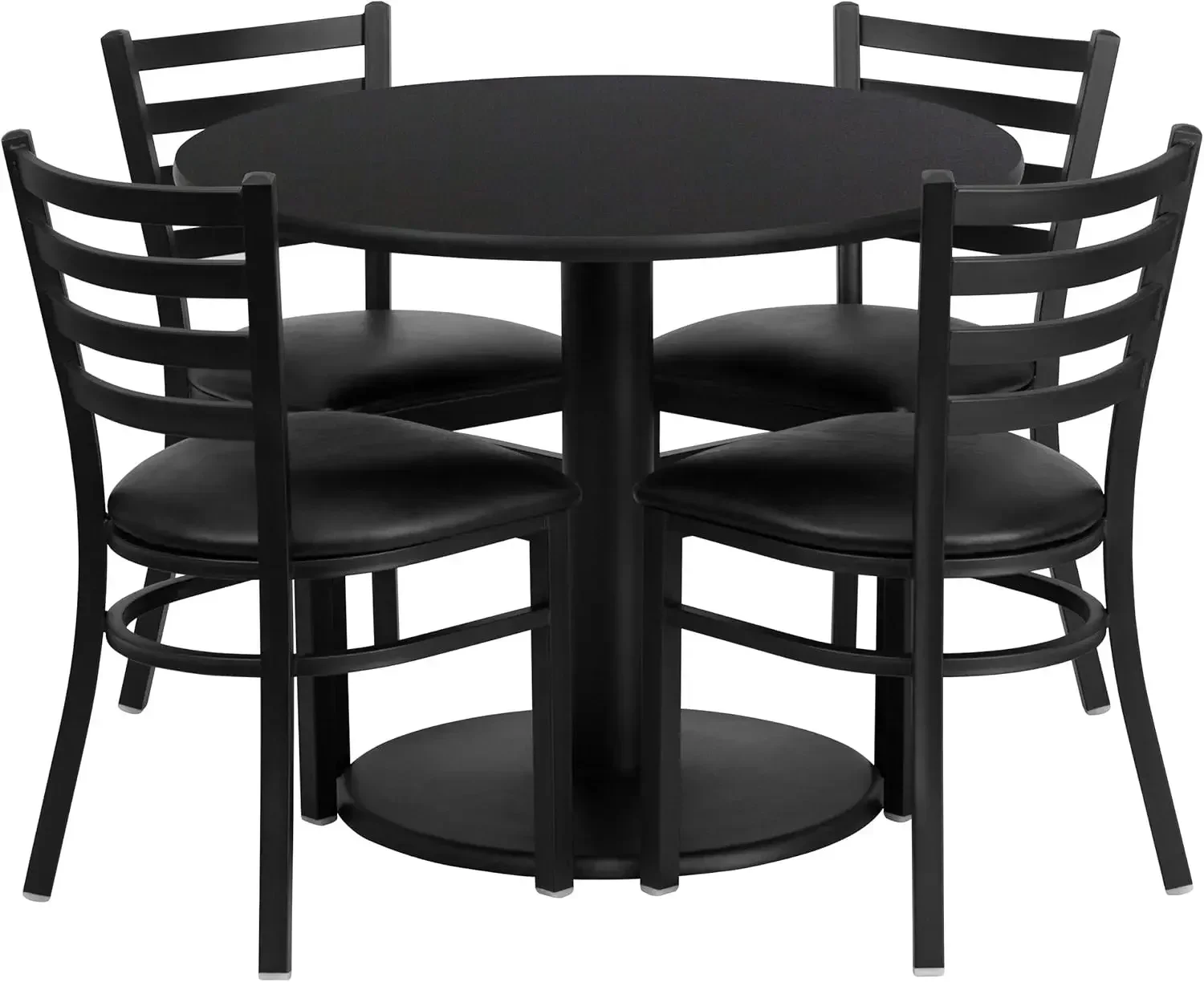 Furniture 36'' Round Black Laminate Table Set with Round Base and 4 Ladder Back Metal Chairs - Black Vinyl Seat