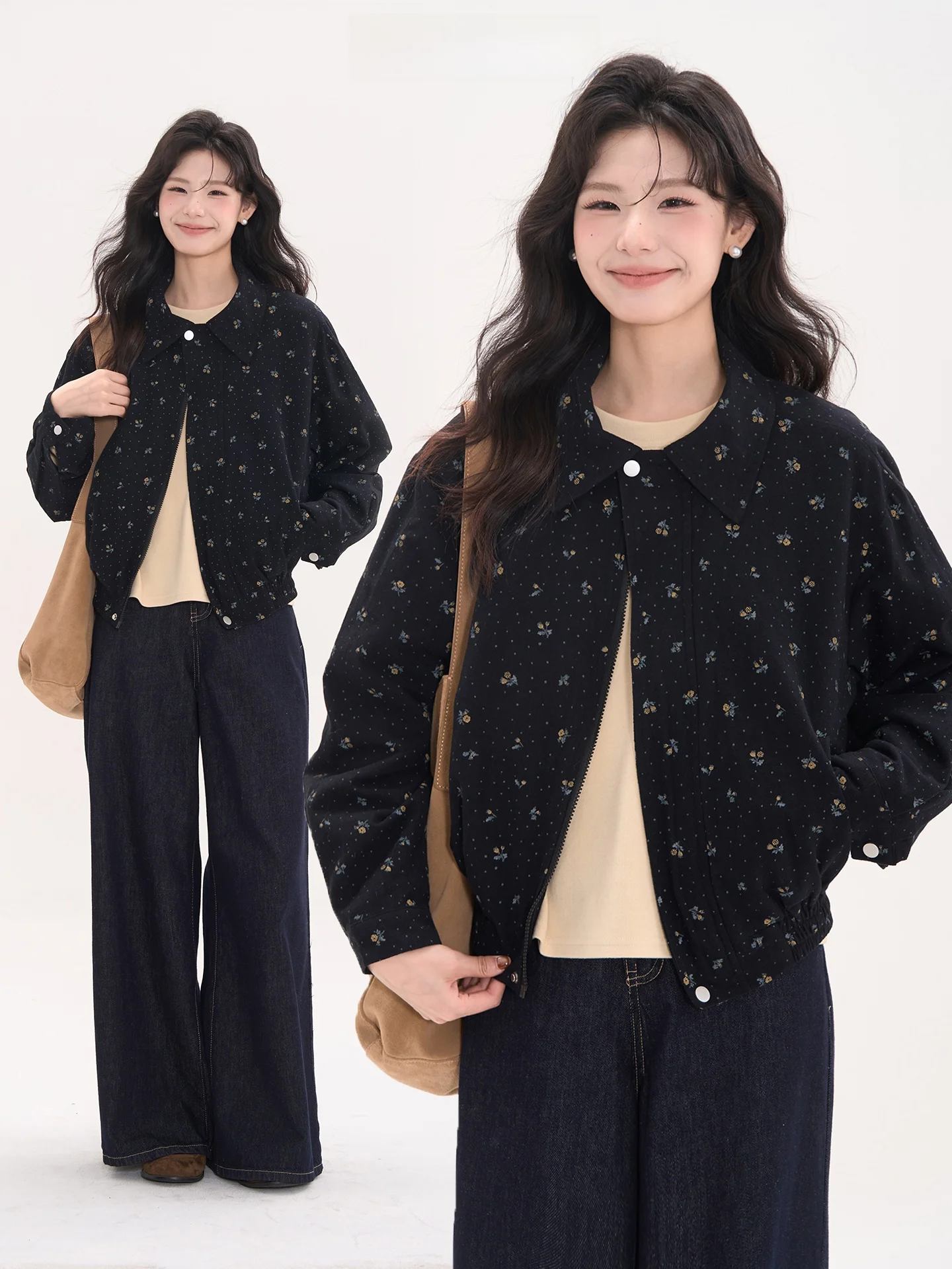 

Heme Barn Sle Zipper Collar Jaet Women's Spring Autumn Cotton Floral Print Loose Fit Long Sve Casual Outerwear