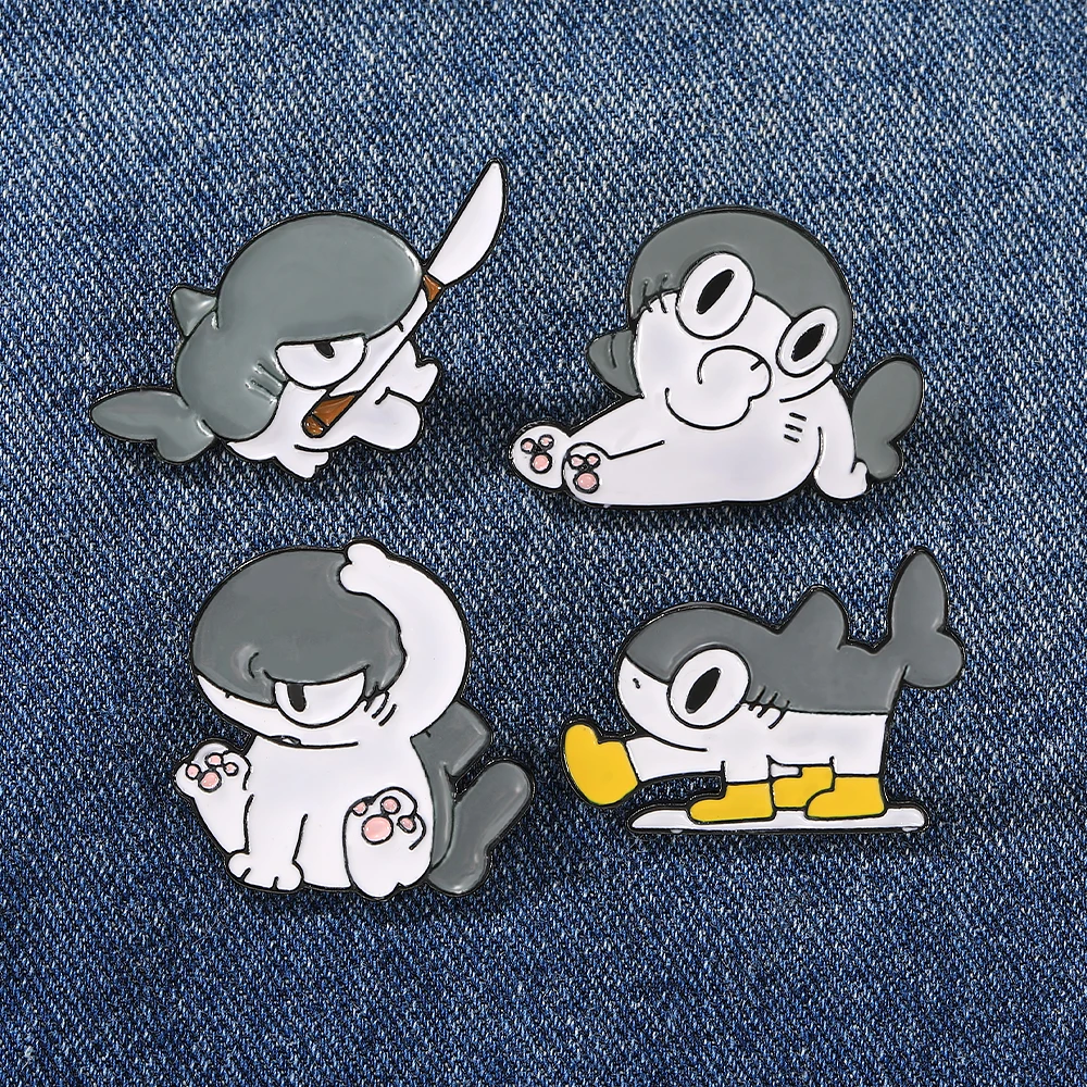 4Pcs/Set Naughty Shark Skin Cats Series Pins Cute Cartoon Whale Kitten Kitty Enamel Brooches For Pet Lovers Bag Clothes Jewelry