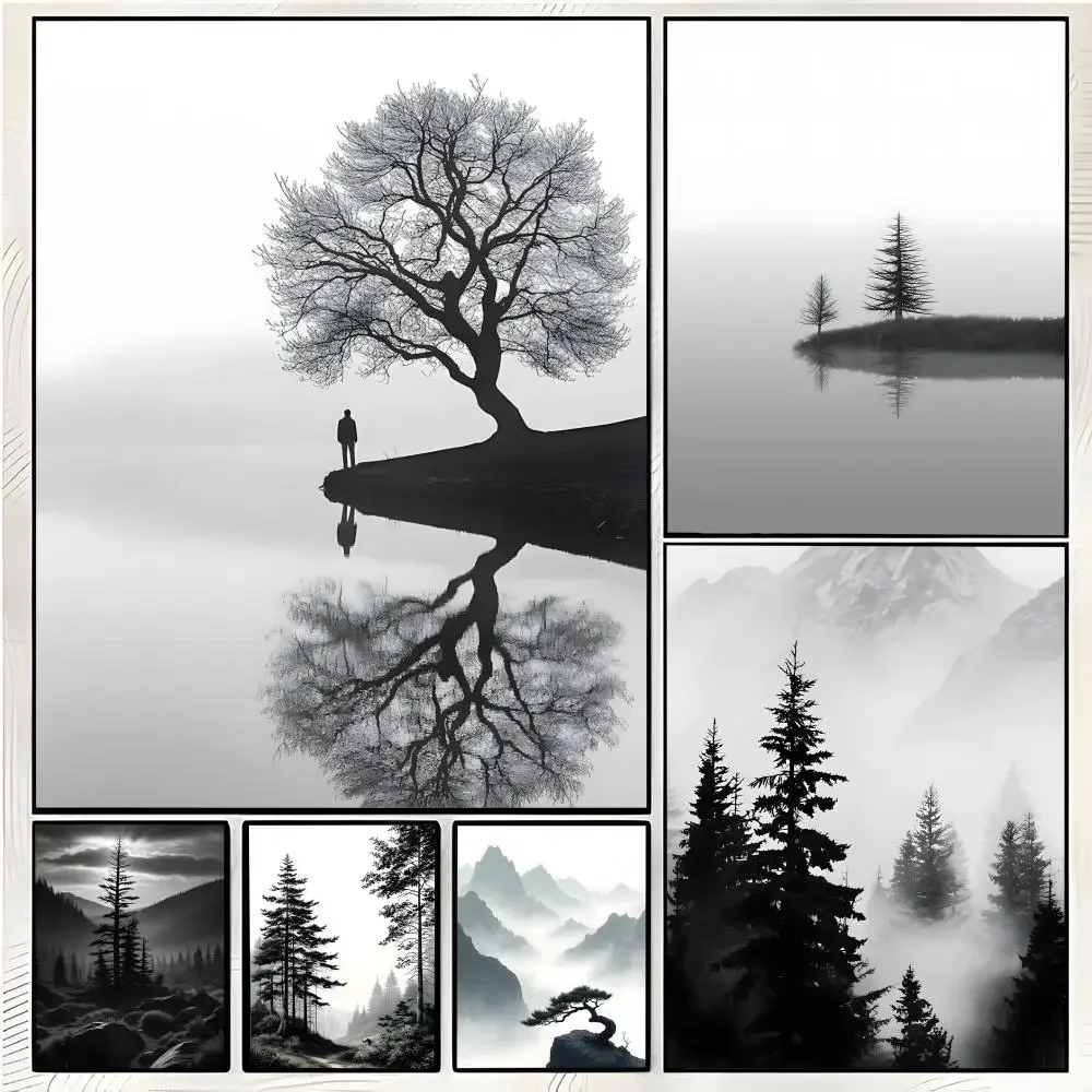 (No frame)Minimalist Landscape Black and White Mountain Tree Poster Superior Home Space Pub Indoor Decorative Art & Home Deco