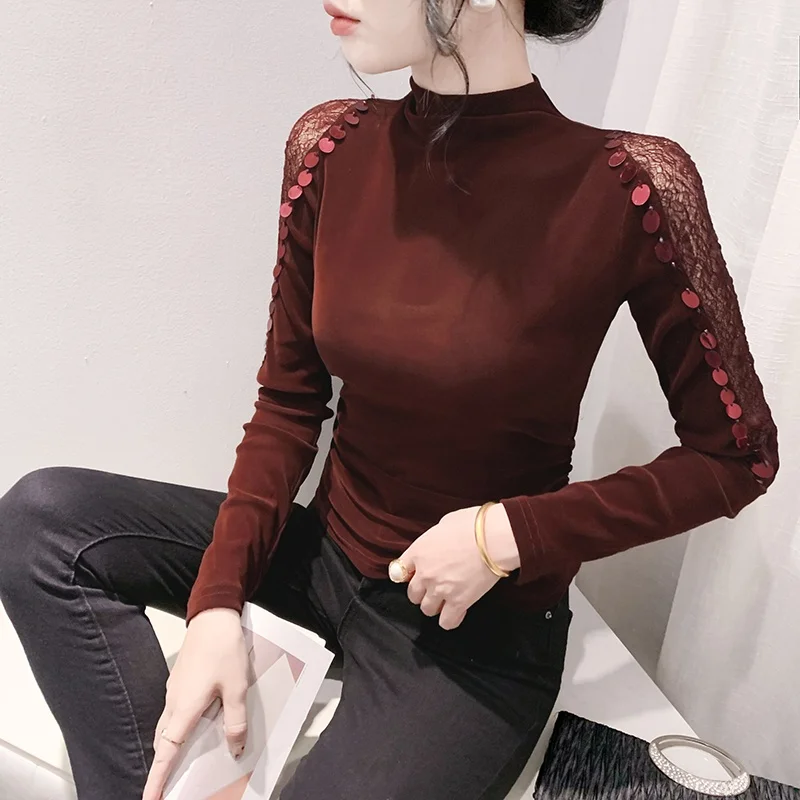 Faionable da donna lunga Sve Base in velluto irt ter Ne Me Splicing T-shirt attillata Street Sle Autunno Primavera Bright T...