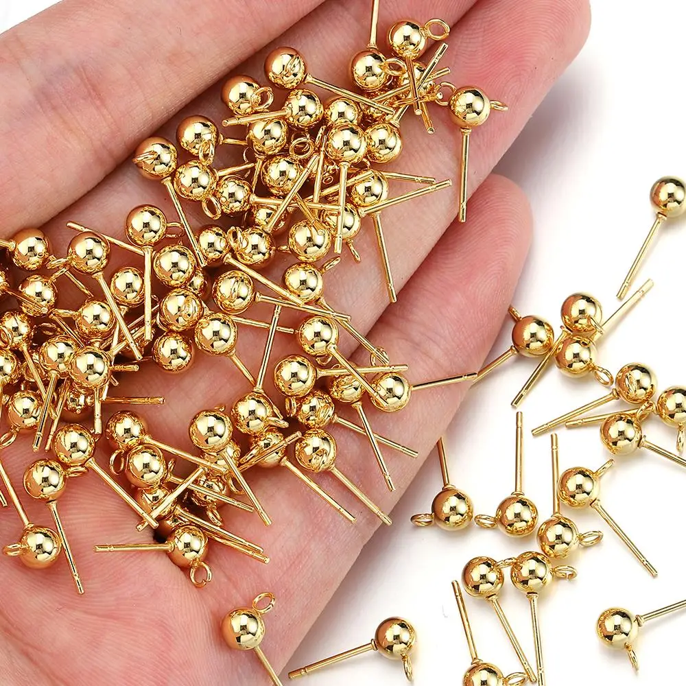 100pcs/20pcs Stainless Steel Round Ball Ear Post Studs Ear Backs Open Rings Gold Color Earrings for DIY Jewelry Making Wholesale