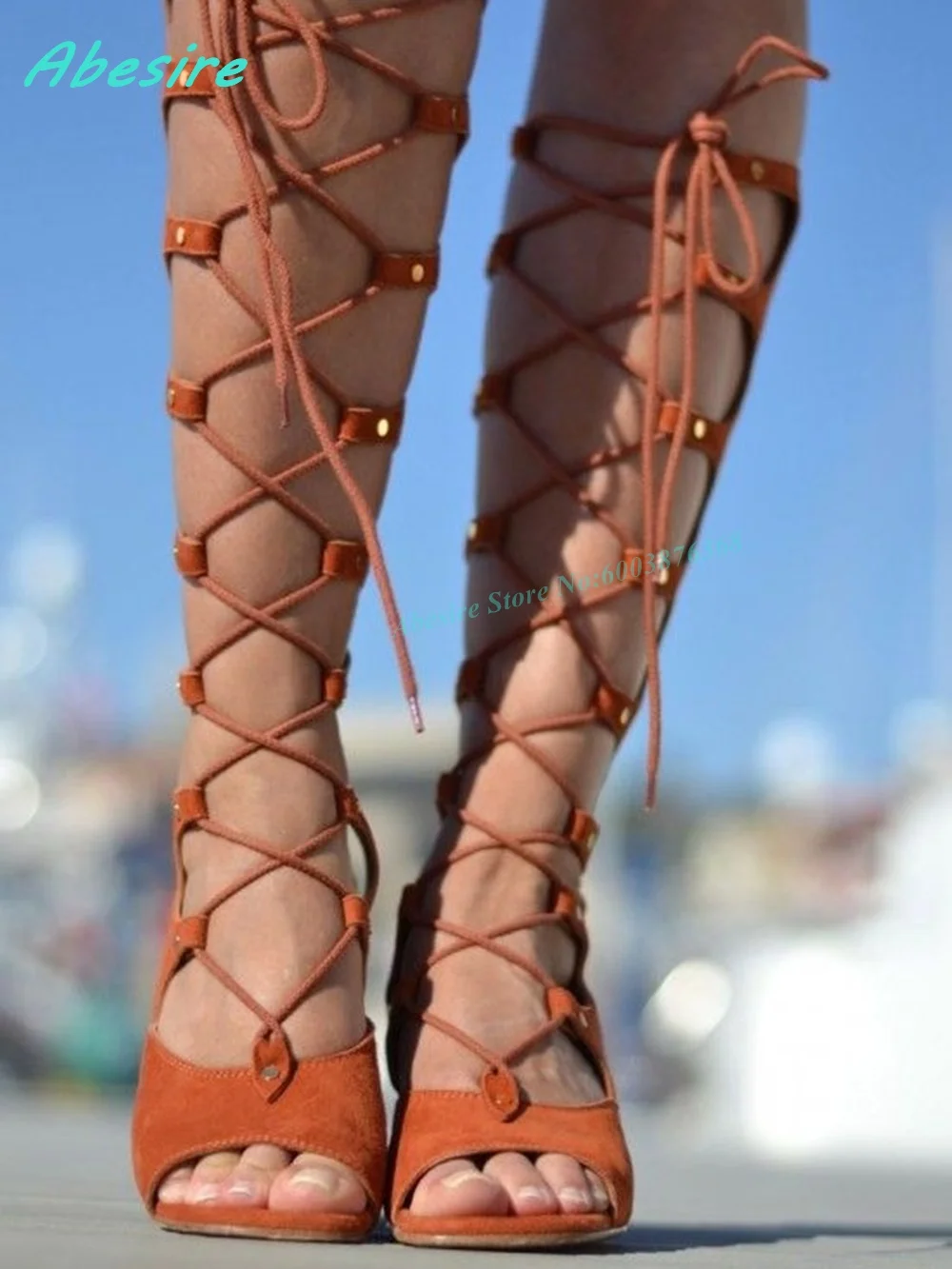 Suede Cutout Lace Up Knee High Sandals Peep Toe Gladiator Hollow Out Wedges Women's Boots Spicy Girls Bohemian Summer Shoes