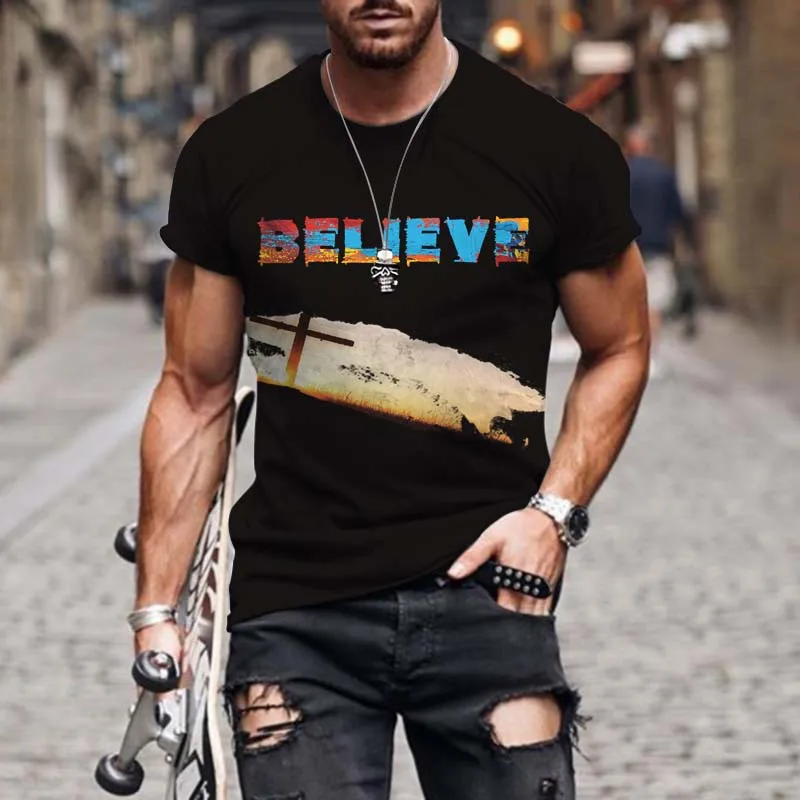

2024 Summer Men Believe Tops Tees 3D Printed T-shirt Male Fashion Letter Short Sleeve Clothing Boys Girls Casual Streetwear
