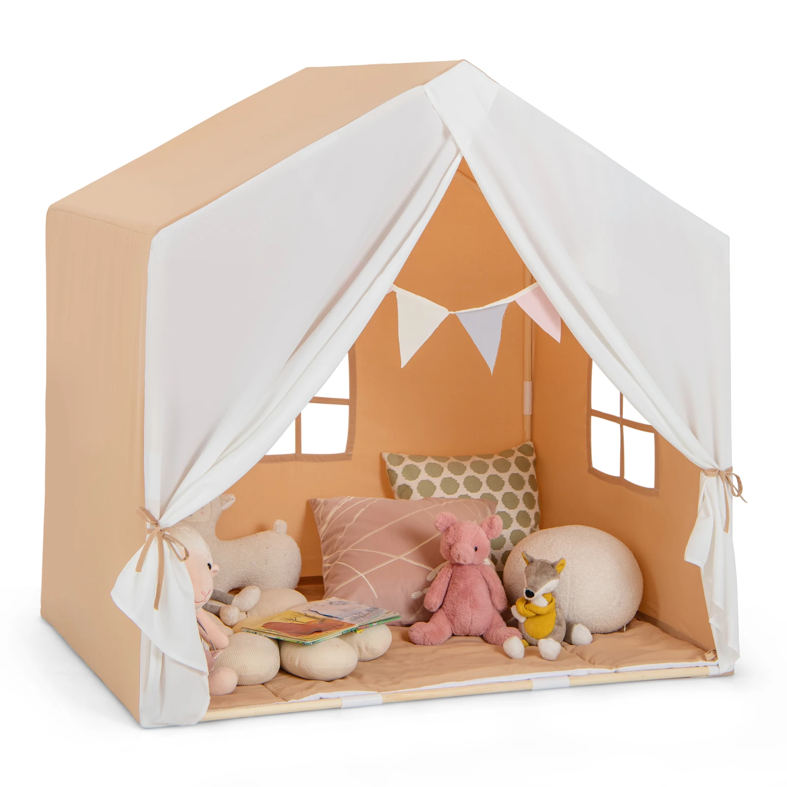 

Kid's Play Tent Toddler Playhouse Castle Solid Wood Frame w/ Washable Mat Orange