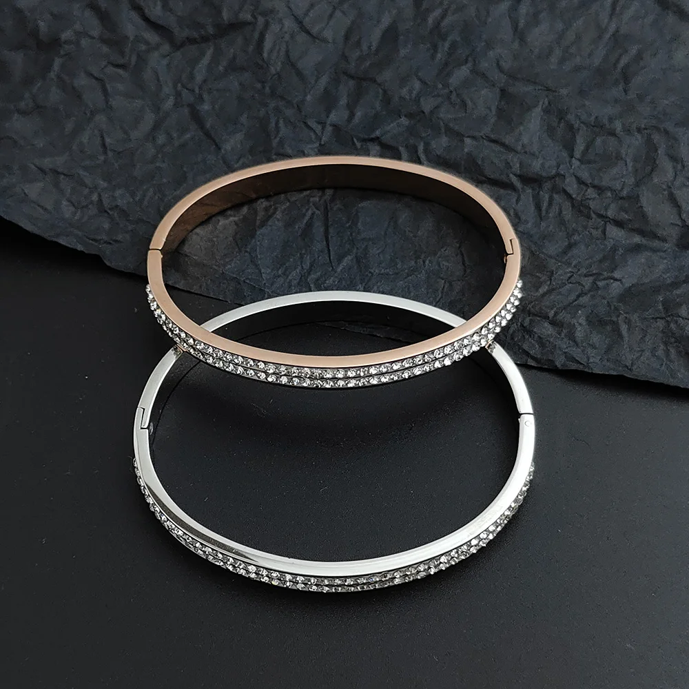 

Two Row Crystal Rhinestone Pave Stainless Steel Open Bracelets & Bangles for Women