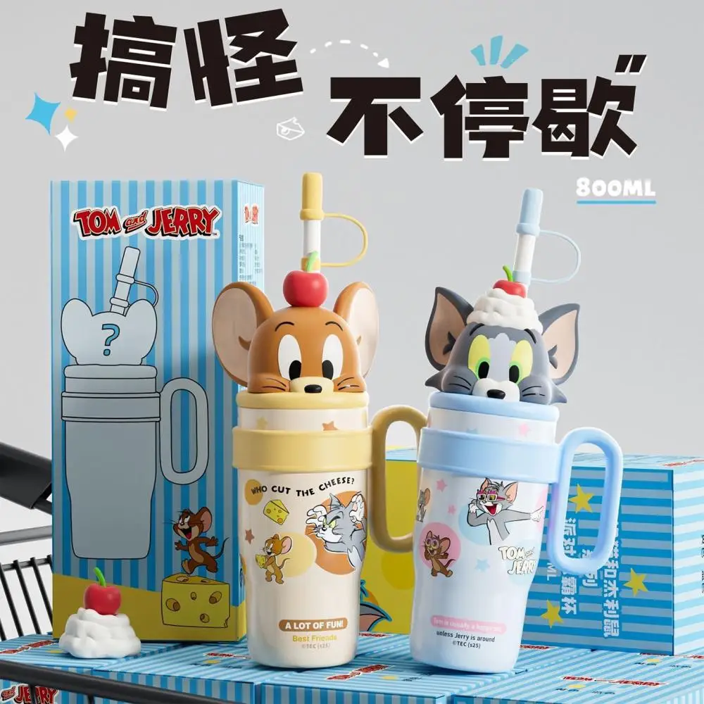 800Ml Cartoon Tom and Jerry 316 Insulated Cup Anime Portable Large Capacity Straw Cup Cute Student Thermos Cup Festival Gift