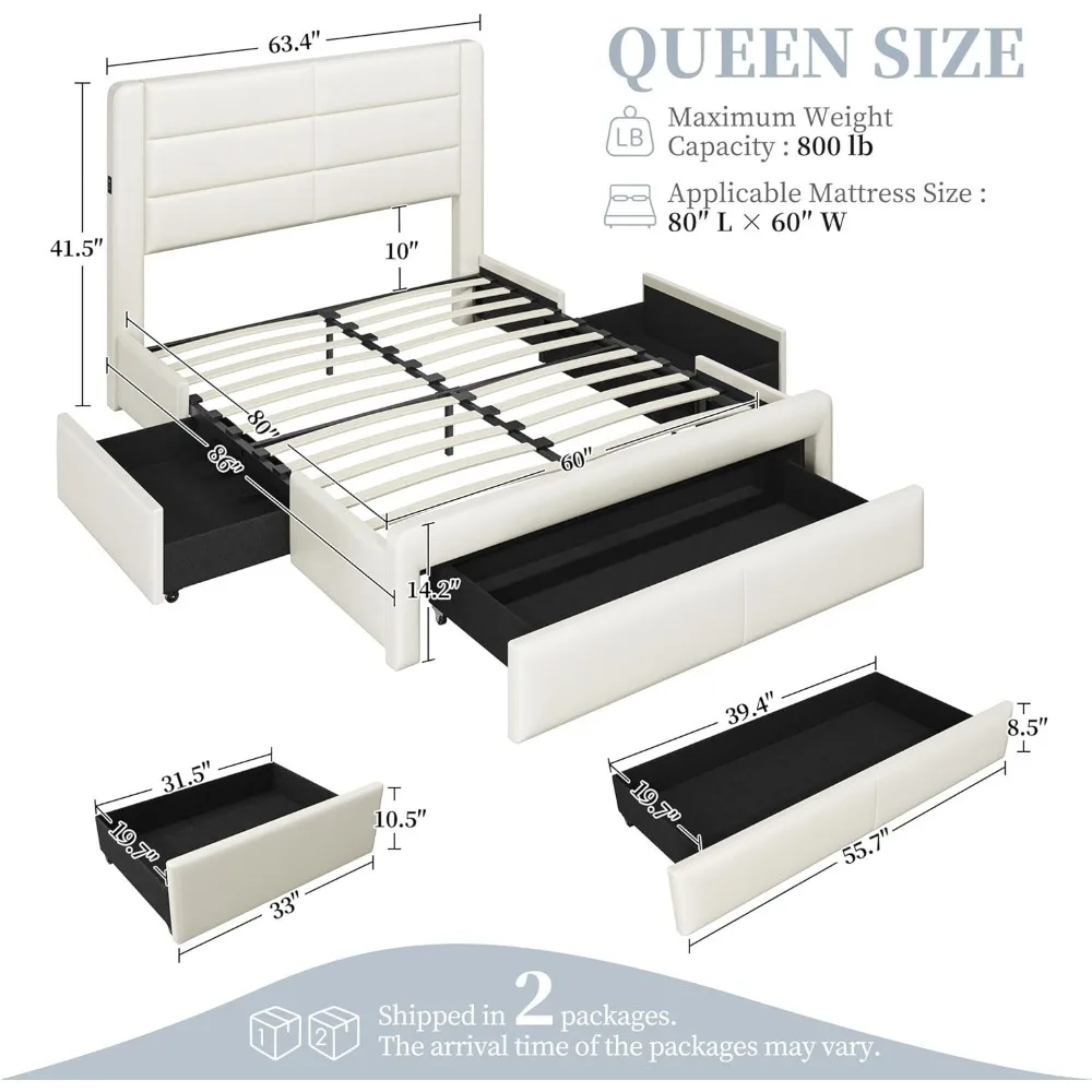 Bedframe met 2 USB-laadstation/poorten voor Type A en Type C/3 opbergladen, met leer bekleed platformbed