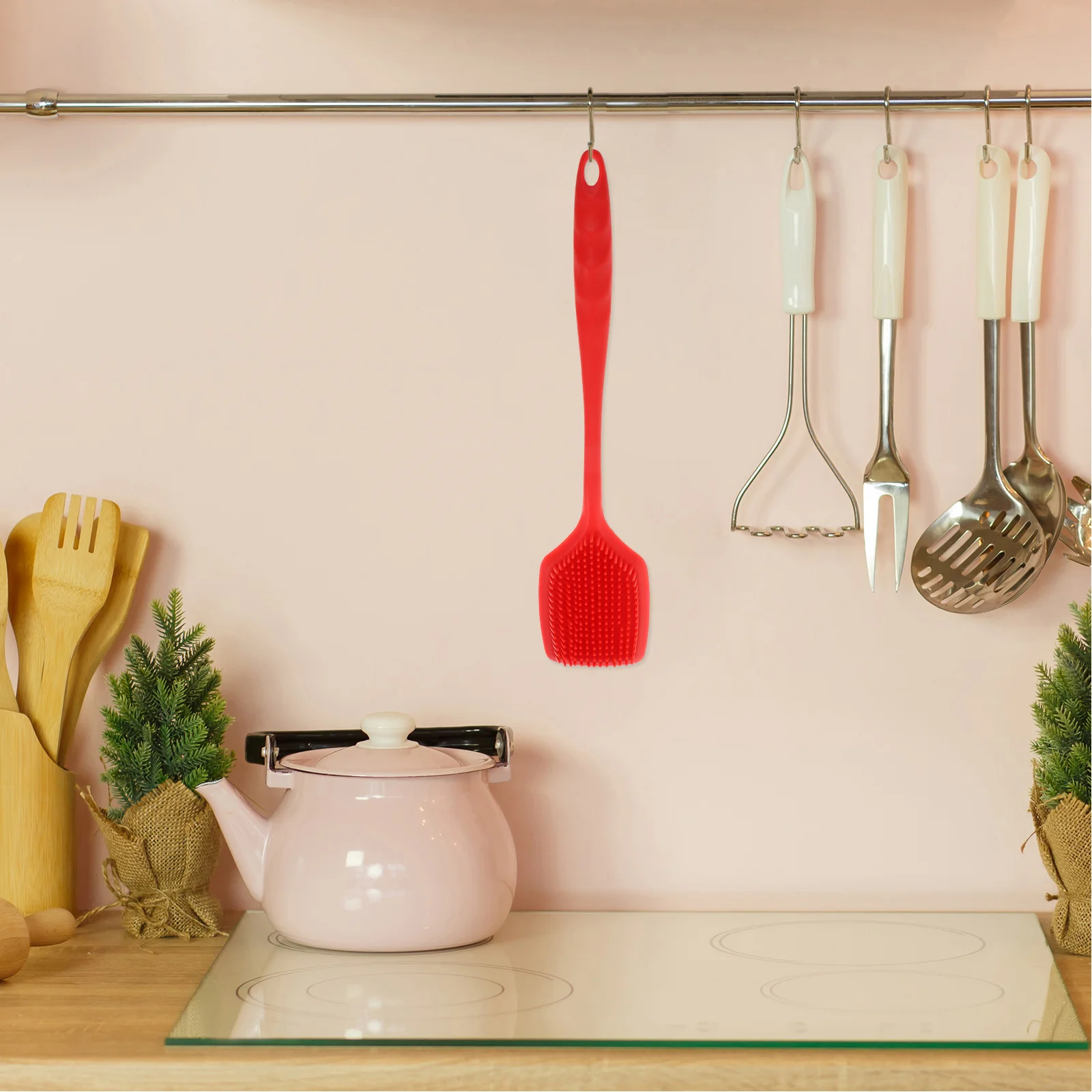 فرشاة تنظيف السيليكون شديدة التحمل ومقاومة للزيت ومقبض طويل لتنظيف المطبخ