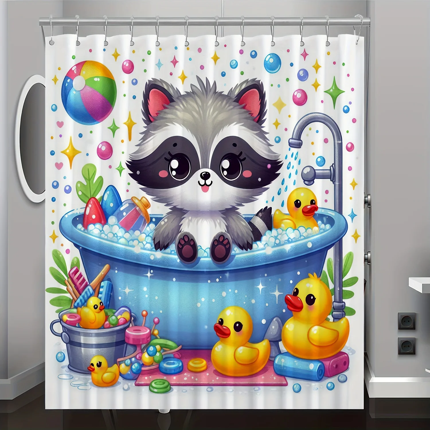 

Маленькая ванна с изображением енота, занавеска для душа с цифровым принтом и мультяшным принтом - моющаяся машина, двусторонний полиэстер, всесезонная ванная комната/домашний декор