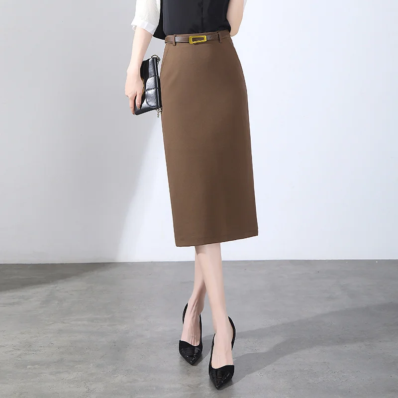 

High Quality Pencil Hip-Wrapping Skirt Fashion Autumn Winter Black Brown Suit Fabric Back Slit Size S-3XL Womens Mid-Calf Skirt