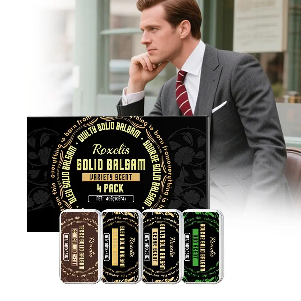 

Набор из 4 штук: 10 г, твердый бальзам для мужчин с ароматом кедра и сандала, стойкий мужской парфюм, портативный, в коробке, разнообразные ароматы