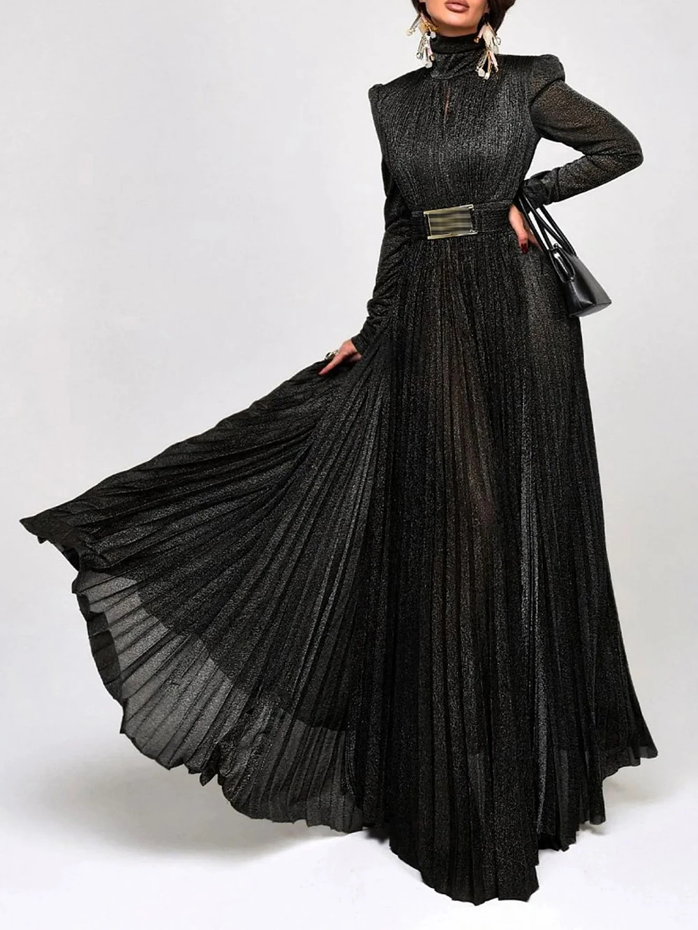 Modphy Solid Spliced Belt Slim Pleated Dresses For Women Turtleneck Long Sleeve High Waist Temperament Long Dress Female Clothes