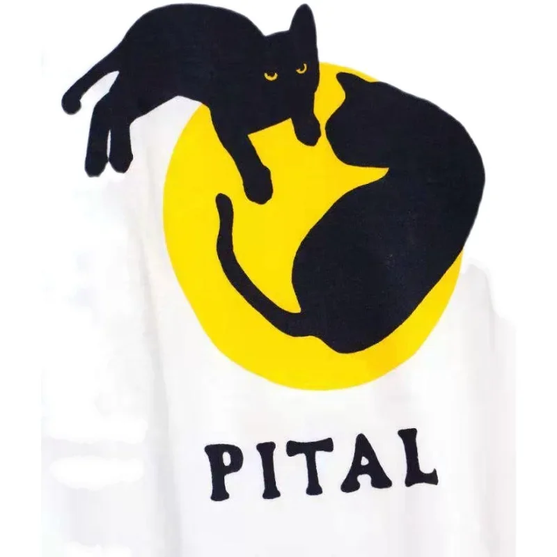 KAPITAL Hirata Hiroshi Black Cat and Moon Blue Dyed Short Sleeved T-shirt Women Men Summer Tops
