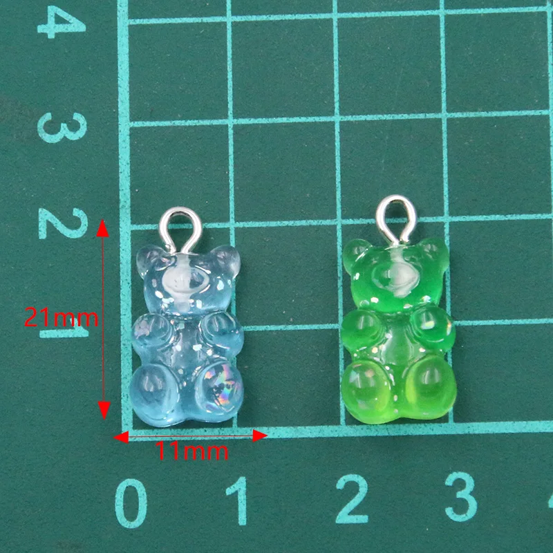 Colorido brilhante urso encantos, resina cabochões, colar de doces, chaveiro pingente, DIY fazendo acessórios, 5 cores, 11x21mm, 10pcs