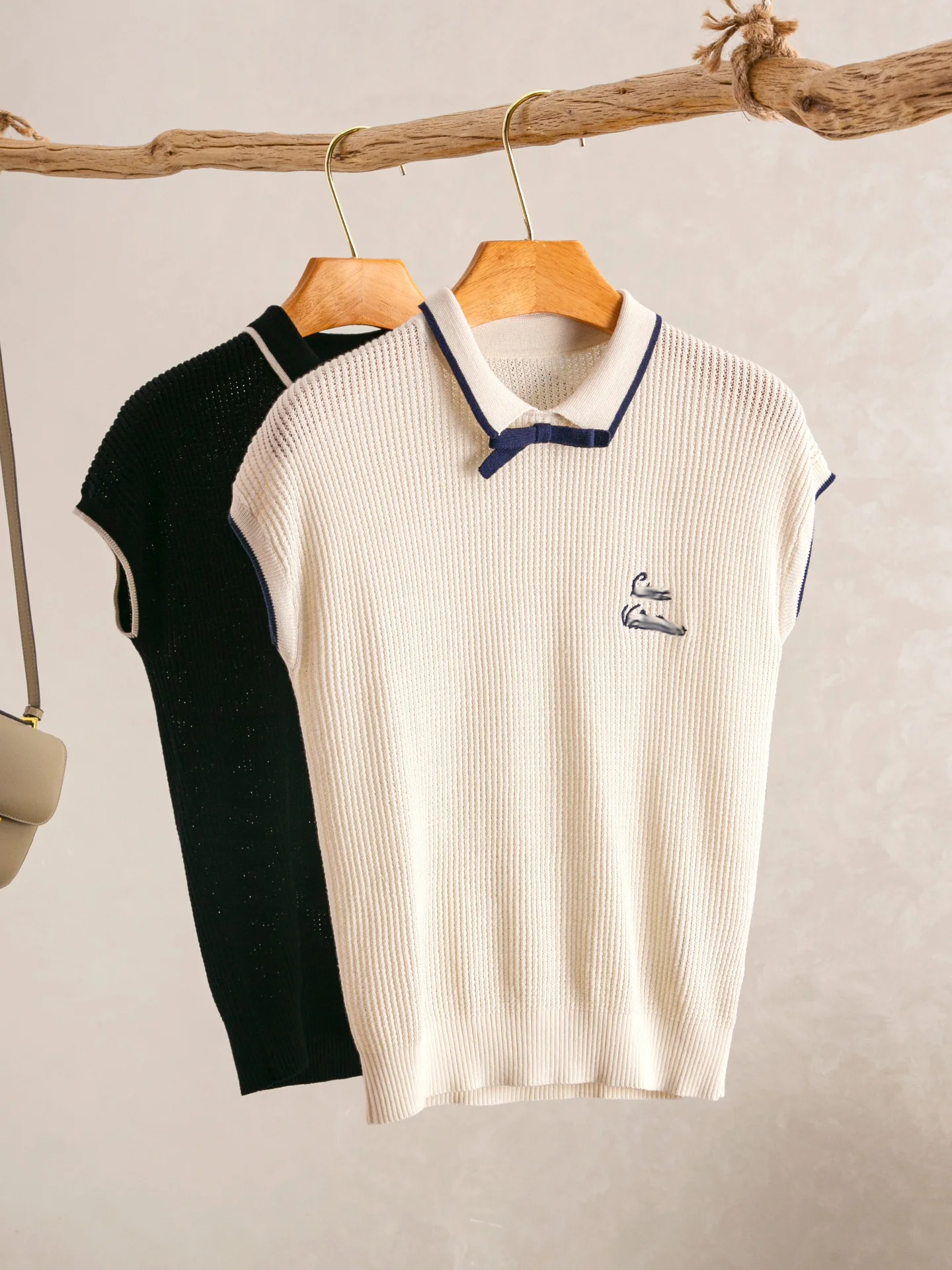 

YongLeap Summer New Ne Color Colion Knot Chest Letter Embroidery Knitted Top Women's Loose Fit Cotton Blend