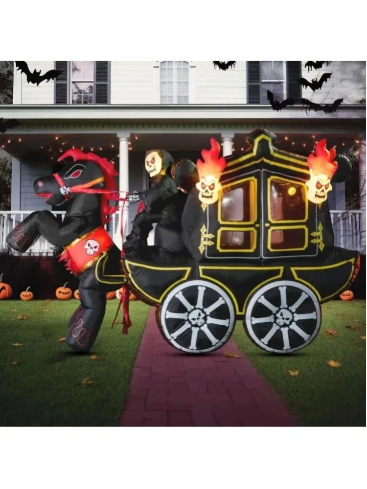 Sloosh 10 Fuß langer, aufblasbarer Halloween-Karren für die Außendekoration mit „Hellfire“-Design, aufblasbarer Karren mit integrierten LEDs, Halloween-Dekoration zum Aufblasen für den Garten, die