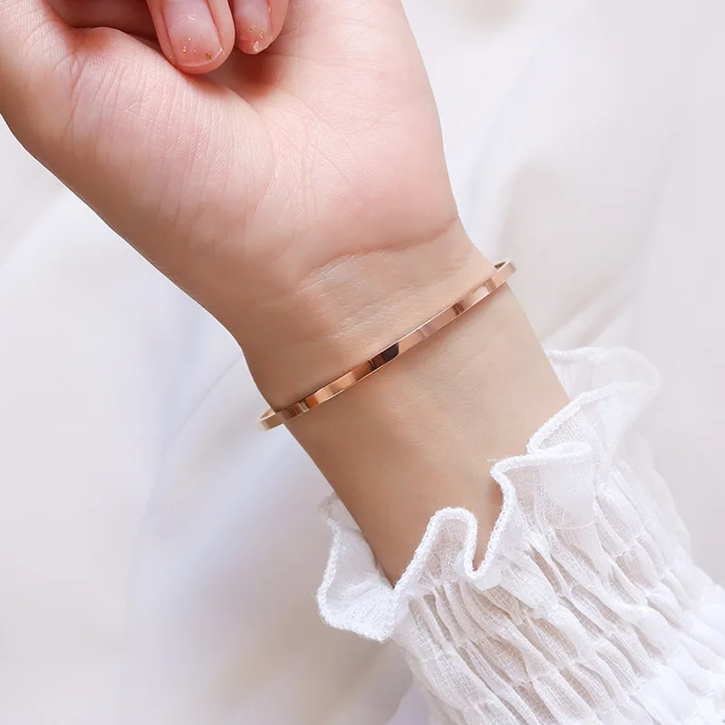 Classic Flat Stainless Steel PVD Gold Rose Gold Color Waterproof 2mm Thin Bracelet Fashion Accessories New Year Gift For Women